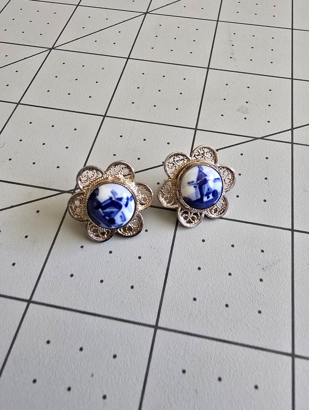 Delft Porcelain Windmill White And Blue Sterling Earrings